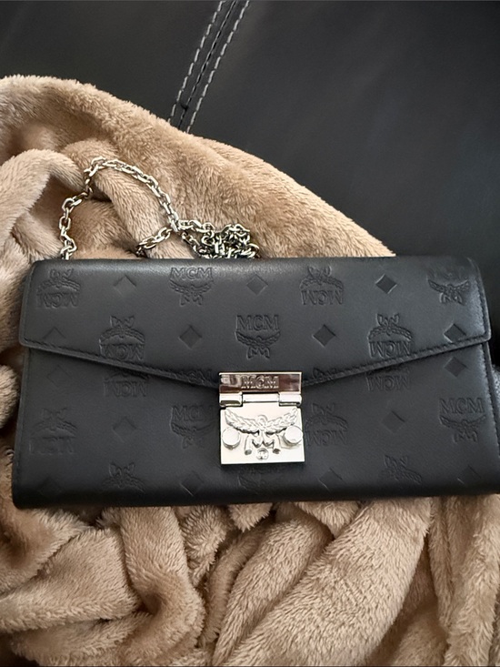 MCM Handbags - MCM Black Embossed Leather Chain Crossbody Bag with Silver Hardware